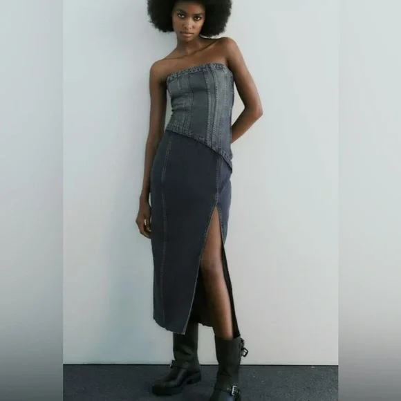 Zara TRF STRAPLESS DENIM MIDI DRESS. Navy Blue. Size XS. New with Tags. - Picture 2 of 10